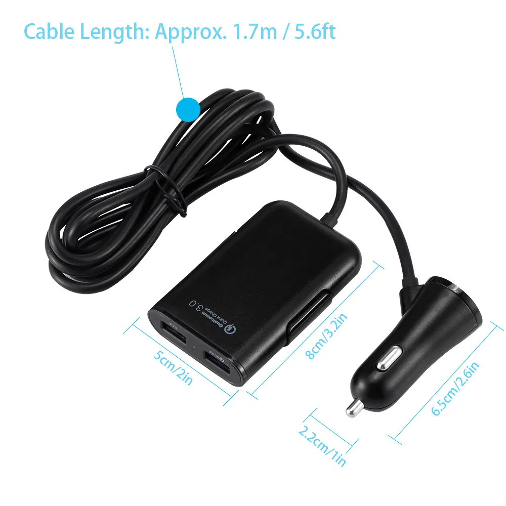 Multi USB Port QC 3.0 Backseat Clip Car Charger Extension Cord Long Cable for iPhone Rear Back Seat Vehicle Quick Charge Adapter