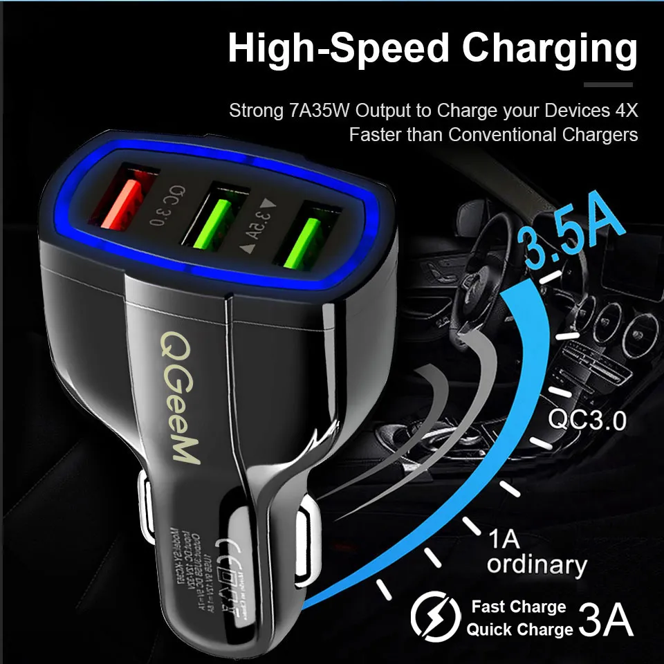 Real Factory QC 3.0 3 Port USB Fast Charging Car Charger for Mobile Phone