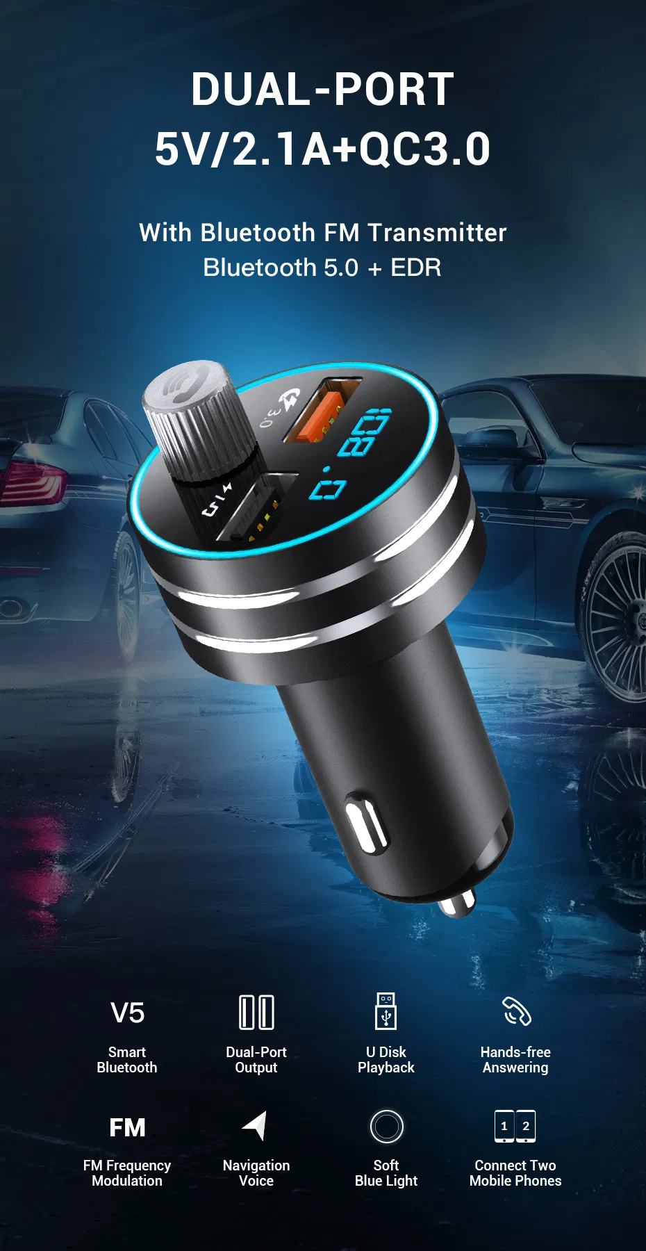 USB Car Charger Quick Charge 3.0 Dual USB Mobile Car Phone Charger with Bluetooth 5.0 FM Transmitter Handfree MP3 Card