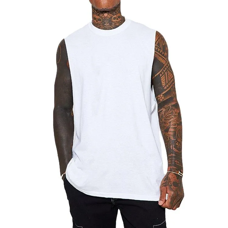 Custom Logo design Men′s 100% Cotton Extended Neck Blank Vest Oversized Loose Tank Top Heavyweight Sleeveless T Shirts for Men