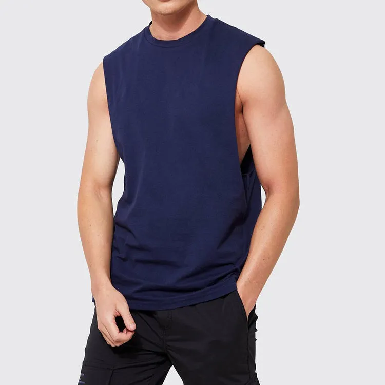 Custom Logo design Men′s 100% Cotton Extended Neck Blank Vest Oversized Loose Tank Top Heavyweight Sleeveless T Shirts for Men