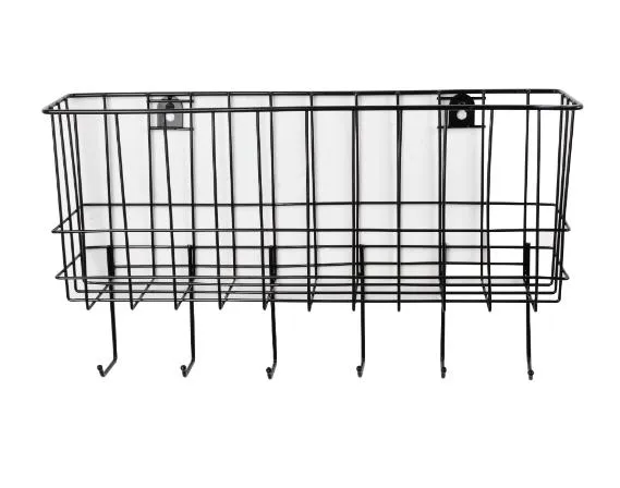 OEM Wall Mounted Multipurpose Household Decoration Metal Wire Storage Basket or Fruit Basket with 6 Hooks