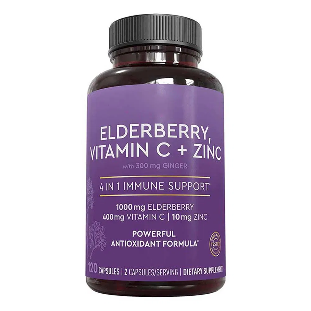 Immune Support Pills with Vitamin C and Zinc Organic Black Elderberry Extract Capsules