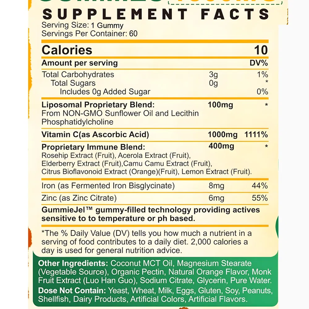 OEM/ODM Liposomal Vitamin C Gummies - Contains Iron, Zinc and Elderberry - Immune Enhancing Supplement - Collagen Egg Vitamin Booster