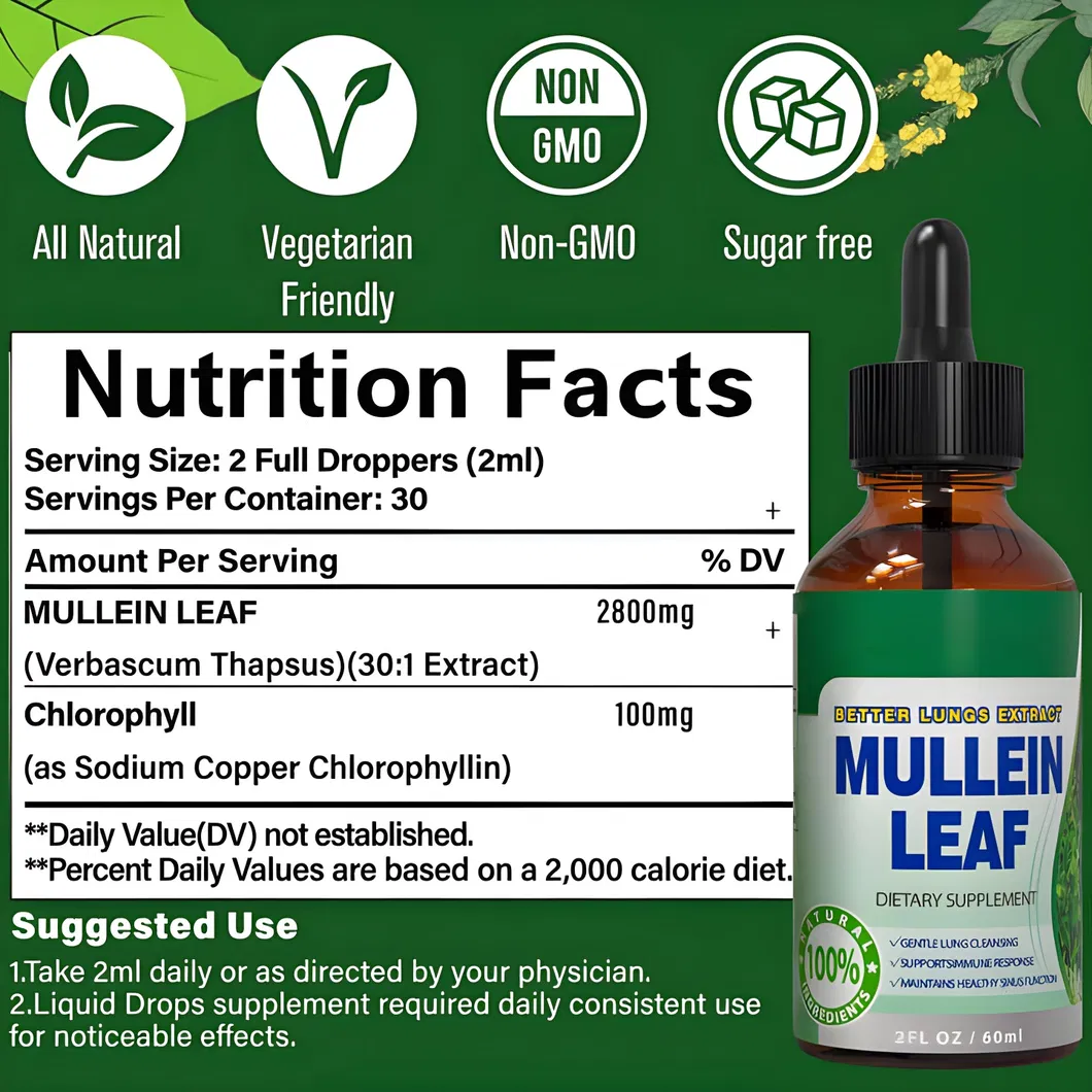 OEM/ODM Mullein Drops - Lung Clearing - Immune Support, Detoxification and Respiratory Support Herbal Supplement - Mullein Leaf Extract