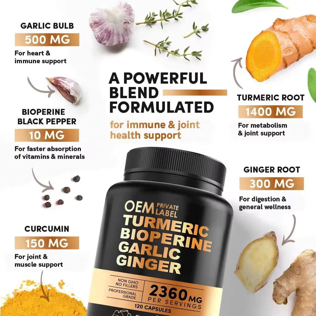 OEM/ODM Turmeric Black Pepper Garlic Capsules Joint and Muscle Health Supplements for Immune Support