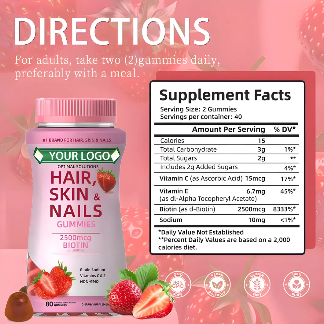 OEM/ODM Vegan Candy Hair Growth Supplement Skin and Nail Health Vitamin Biotin Collagen Gummies