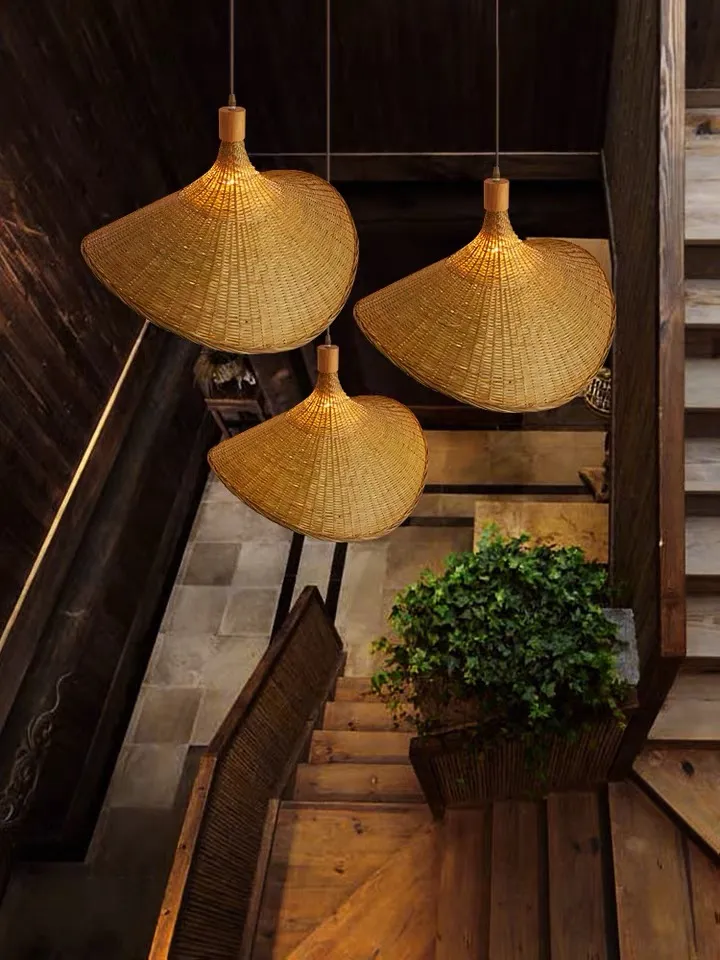 Bamboo Chandelier New Chinese Tea Personality Straw Hat Lamp Stair Bamboo Lamp