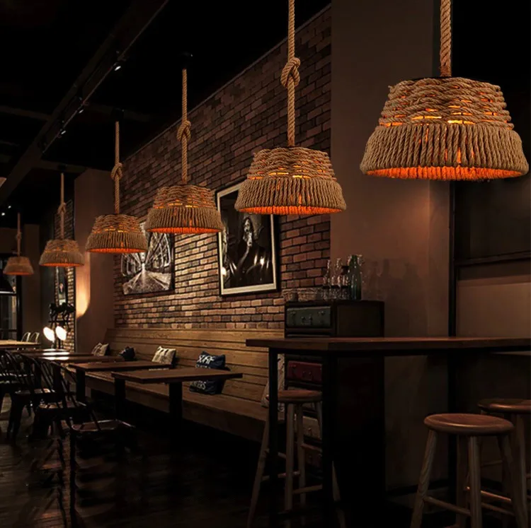 Retro Industrial Hemp Rope Hanging Chandelier Lighting Vintage Iron LED Lamp Pendant Light for Restaurant