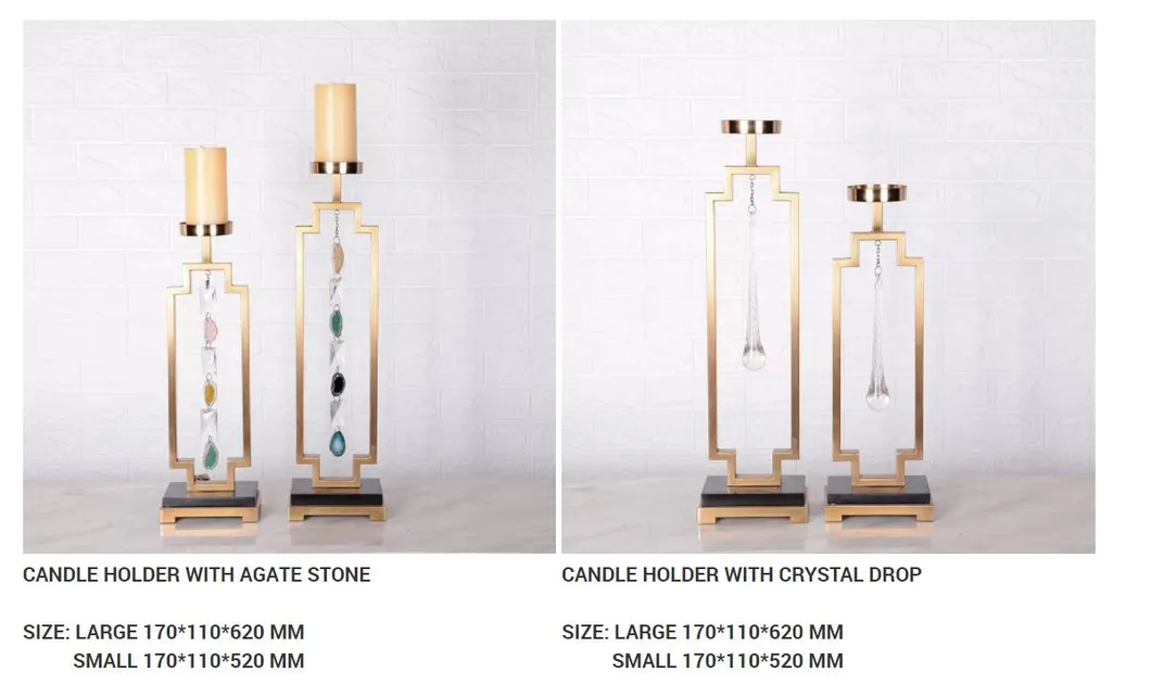 Luxury Home Decor Table Top Accessories Decorative Metal Candle Holder Set with Agate Stone