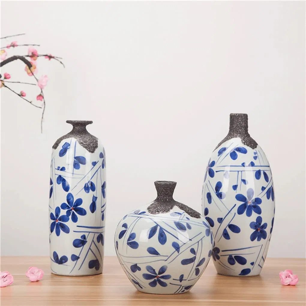 Zhiya Vase Creative Hand-Painted Blue and White Vase Decoration Ceramic Art Three-Piece Flower Arrangement Furniture and Furniture Matching