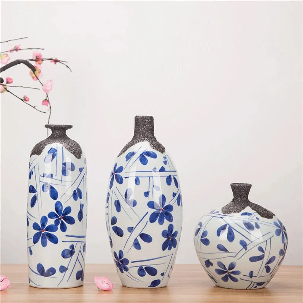 Zhiya Vase Creative Hand-Painted Blue and White Vase Decoration Ceramic Art Three-Piece Flower Arrangement Furniture and Furniture Matching