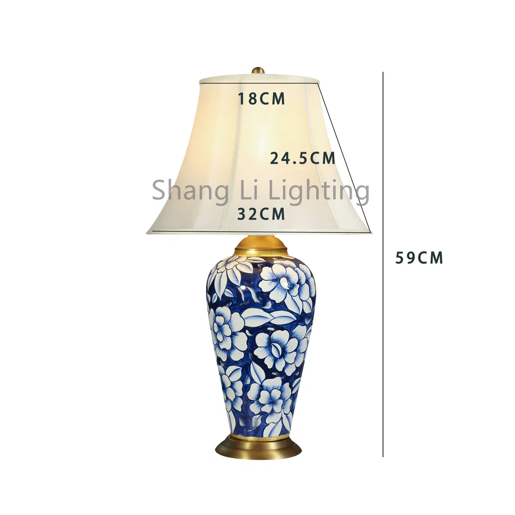 American-Style Villa Living Room Large High-End Table Lamp Chinese Retro Luxury Bedroom Bedside Full Copper Blue and White Ceramic Table Lamp