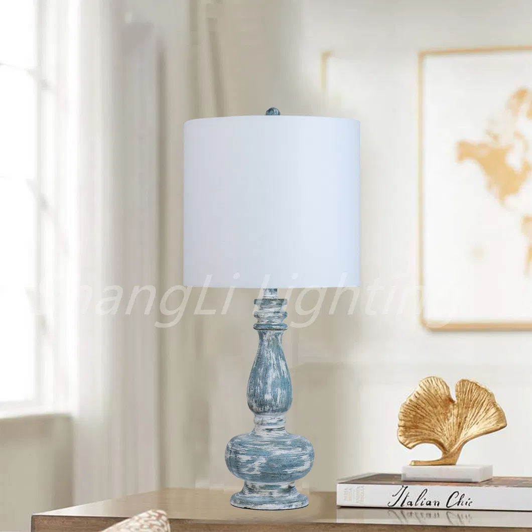 American Retro Wood Table Lamp Antique and Old Resin Light Blue Bedroom Bedside Lamp Living Room Decoration Lamp Study