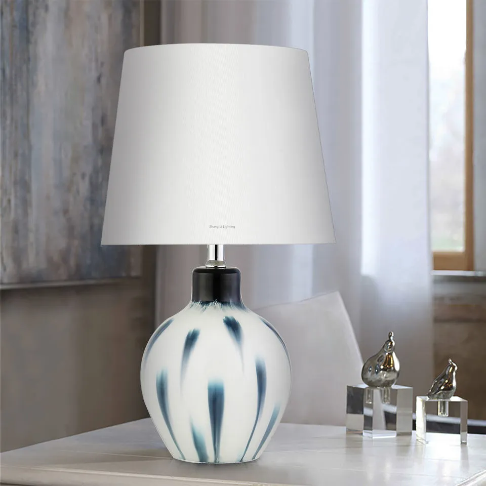 Contemporary White and Blue Pattern Glass Body with Minimalist White Texture Fabric Shade Table Lamp for Home Decor