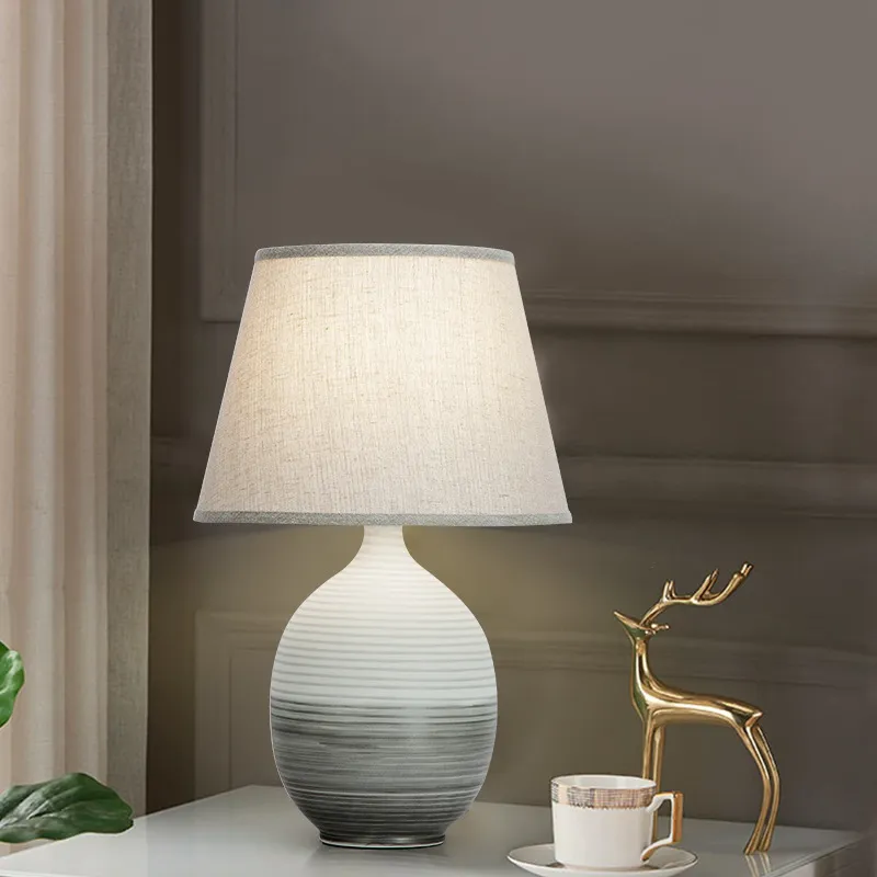 High Quality Stripe White and Blue Ceramic Table Lamp for Home Hotel LED Lights