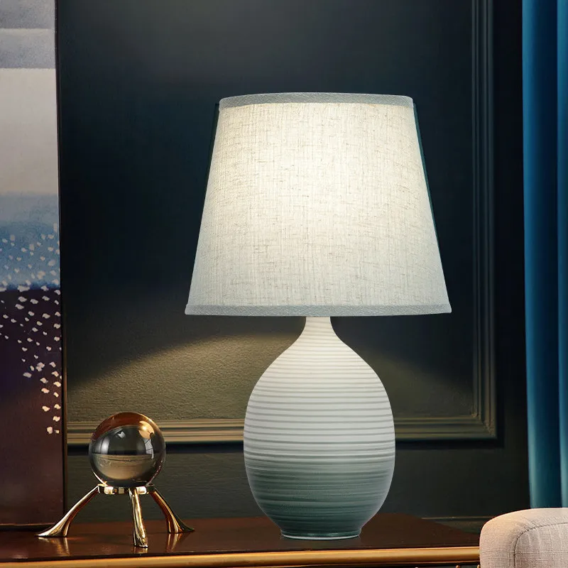 High Quality Stripe White and Blue Ceramic Table Lamp for Home Hotel LED Lights