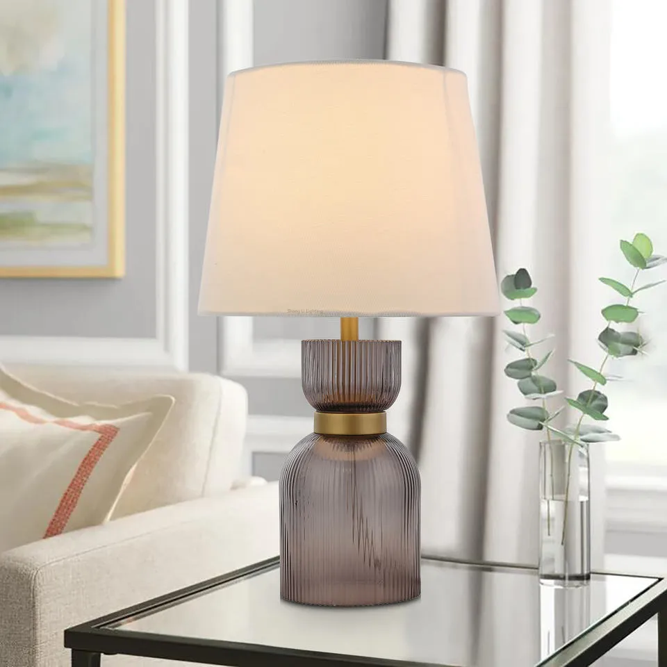 Retro Decoration Table Lamp with Gold Metal Purple Glass Lamp Body and White Fabric Lamp Shade for Living Room