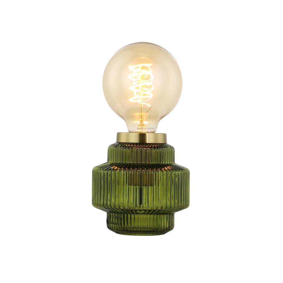 Round Small Glass Olive Green Bedside Light Restaurant Satin Brass Metal Plated Table Lamp