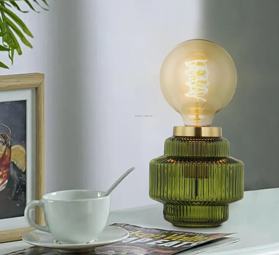 Round Small Glass Olive Green Bedside Light Restaurant Satin Brass Metal Plated Table Lamp