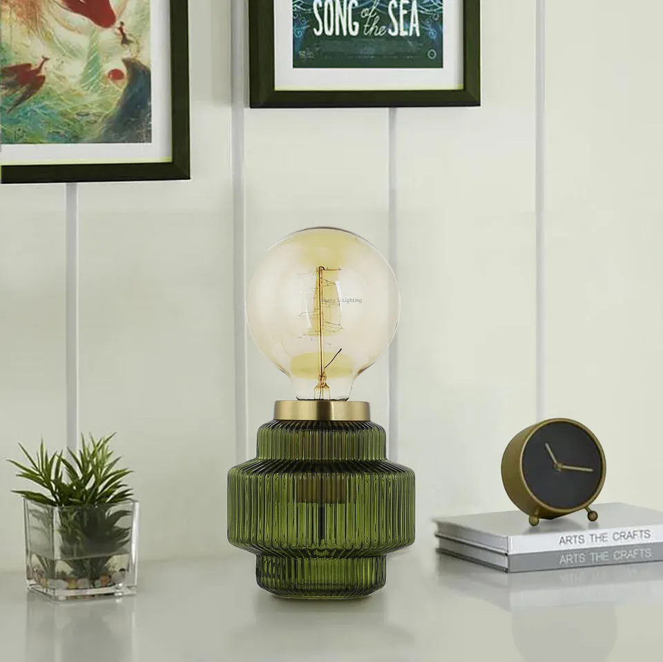 Round Small Glass Olive Green Bedside Light Restaurant Satin Brass Metal Plated Table Lamp