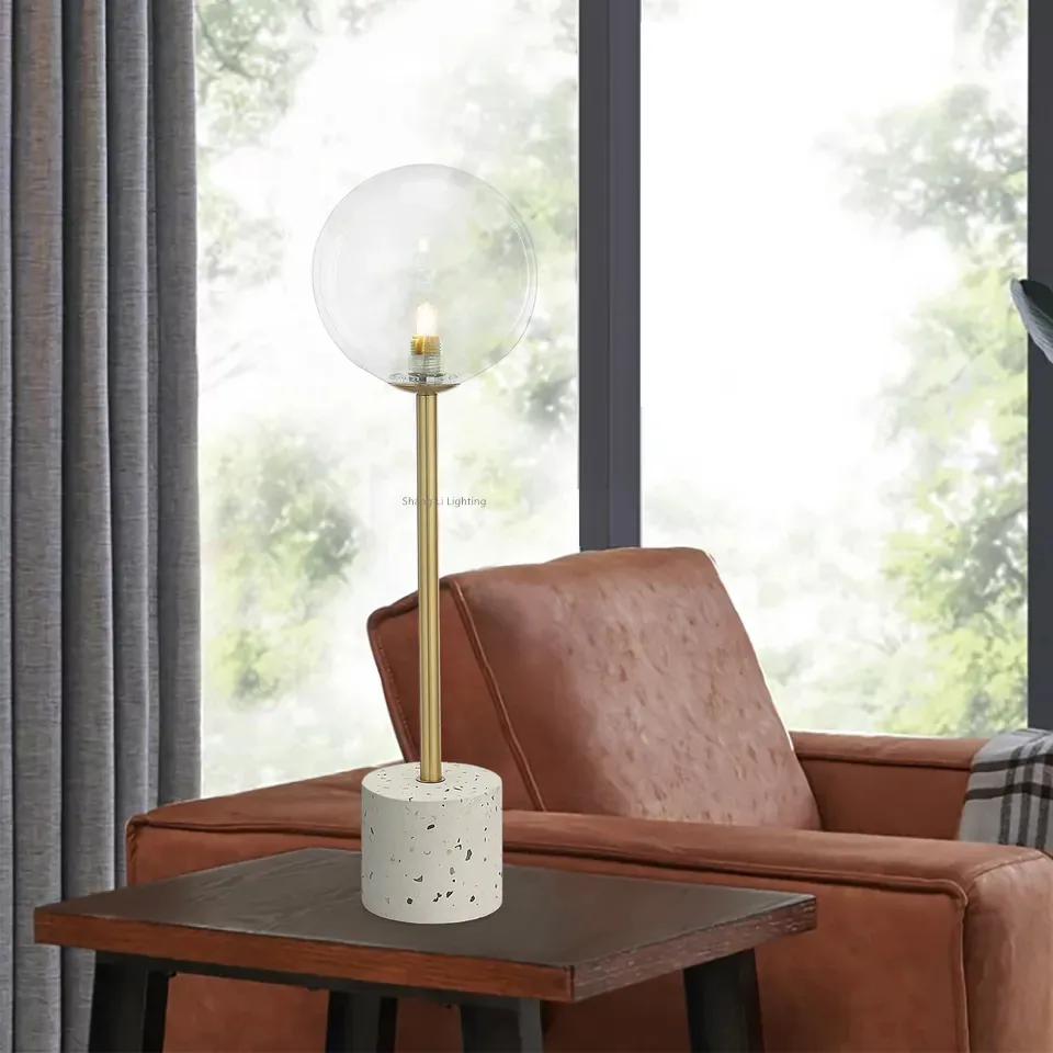 Simple Clear Round Ball Light Metal Gold Brown Bronze White Marble Base Table Lamp