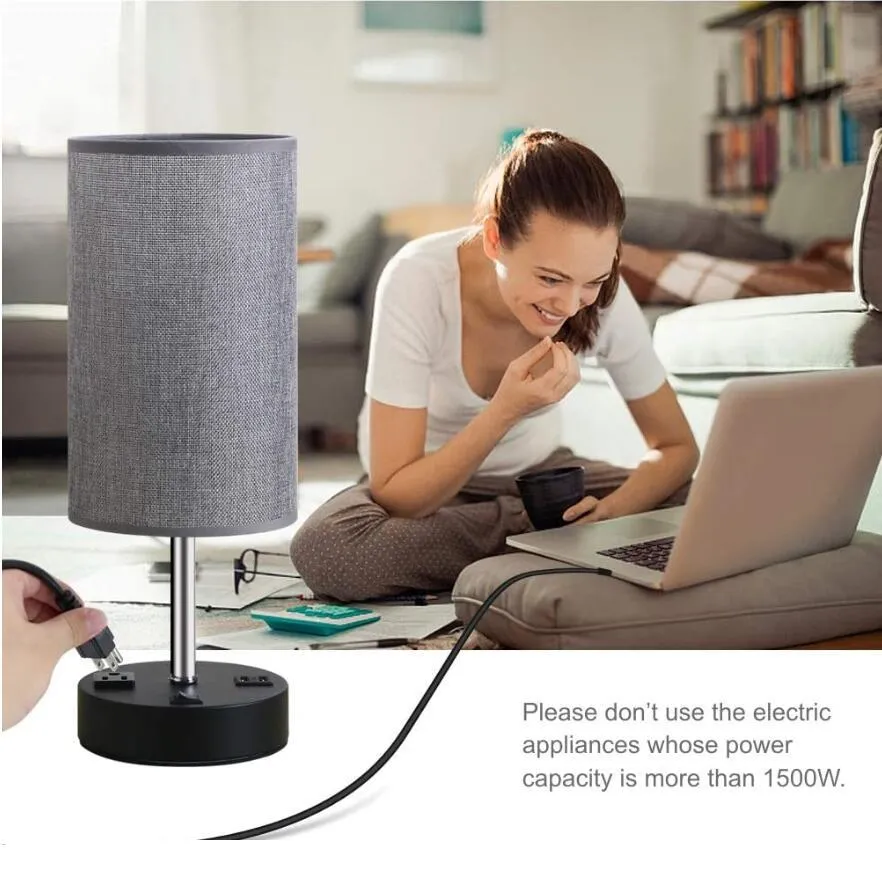 USB Charging Linen Lamp AC Socket Bedroom LED Night Light Desk Lamp