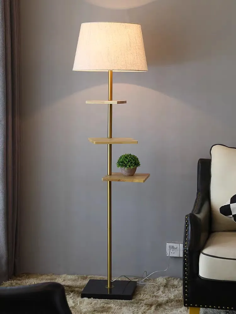 Shelf Wood Custom Floor Lamp with Fabric Shade for Indoor Decoration