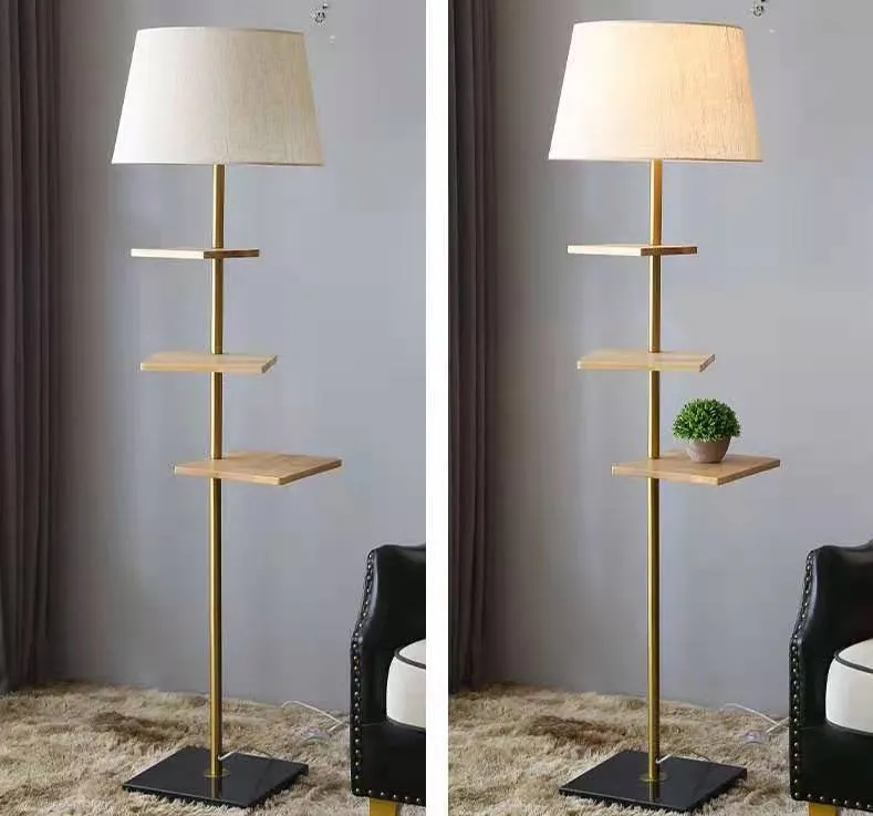 Shelf Wood Custom Floor Lamp with Fabric Shade for Indoor Decoration