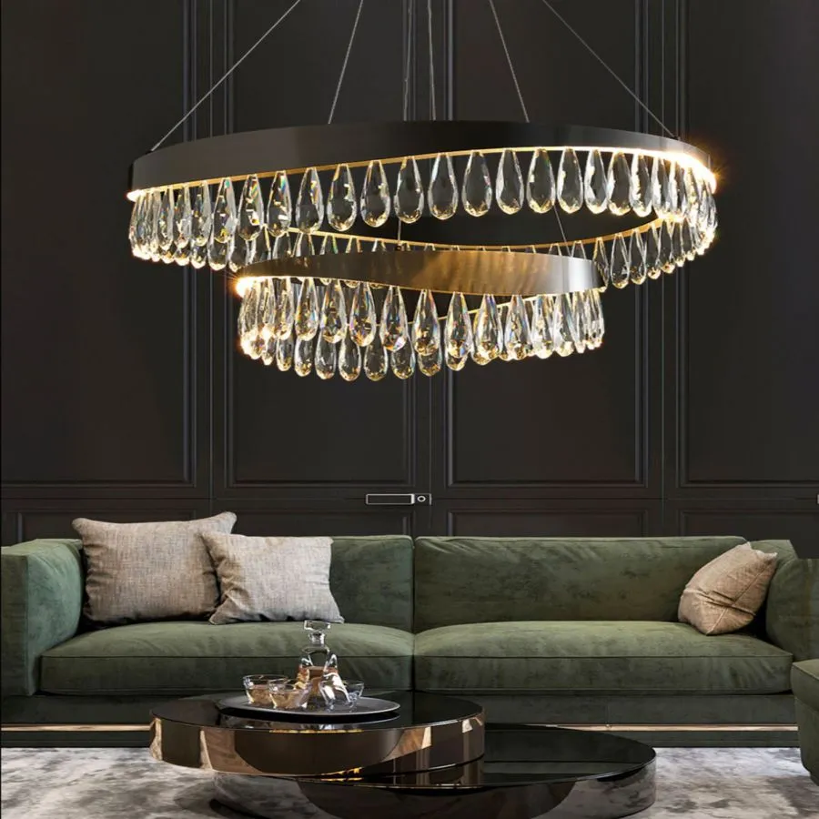 Home Decorative Gold and Gun Metal Modern Luxury K9 Crystal LED Hanging Chandelier Living Room Metal Nordic Hotel Pendant Chandelier Lamp