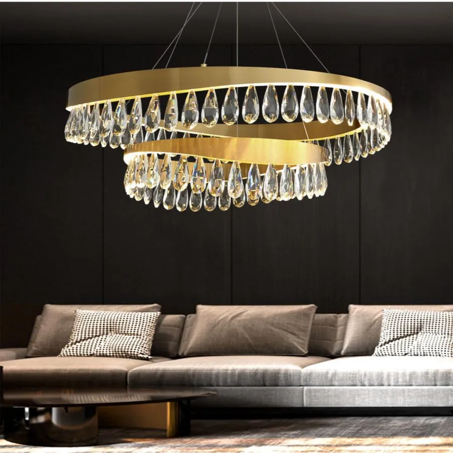 Home Decorative Gold and Gun Metal Modern Luxury K9 Crystal LED Hanging Chandelier Living Room Metal Nordic Hotel Pendant Chandelier Lamp