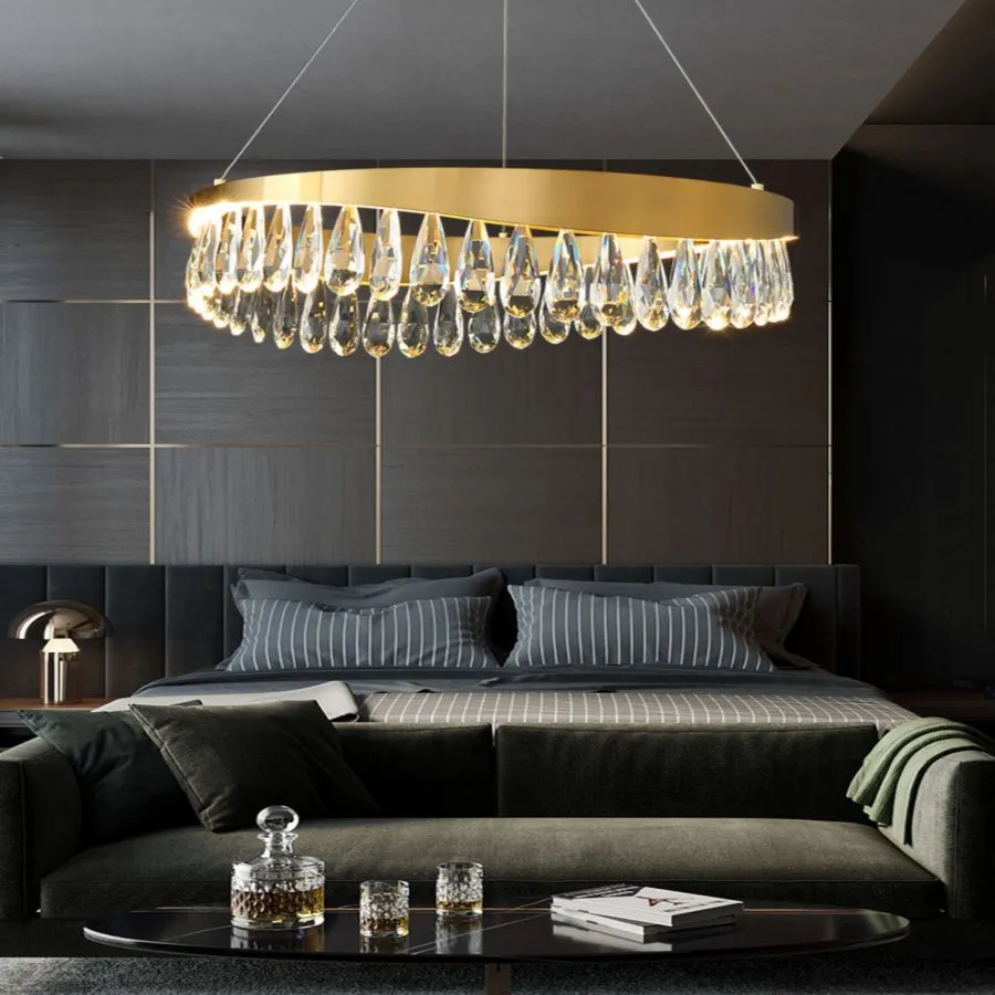 Home Decorative Gold and Gun Metal Modern Luxury K9 Crystal LED Hanging Chandelier Living Room Metal Nordic Hotel Pendant Chandelier Lamp