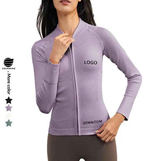 Xsunwing Autumn-Winter Ribbed Knit Yoga Jackets Gym Women Slim-Fit Zip-up Top Yoga Jacket with Baseball Collar Casual Sportswear Wdq1622