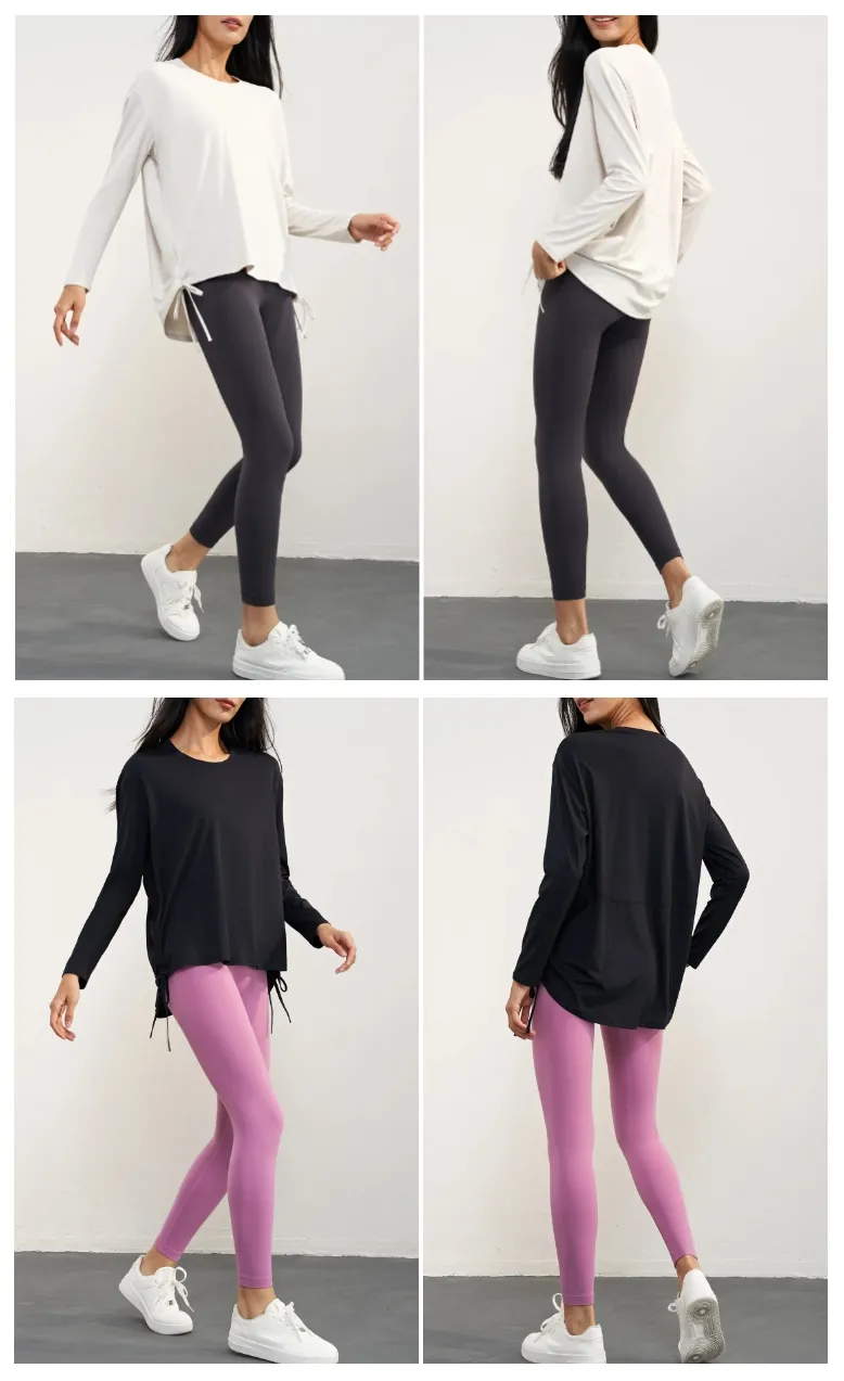 Xsunwing Loose Long Sleeve Women Drawstring Self-Cultivation Breathable Skin-Friendly Casual Yoga Tops Workout Running T Shirt WDQ1591