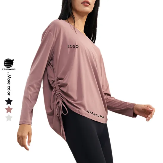 Xsunwing Loose Long Sleeve Women Drawstring Self-Cultivation Breathable Skin-Friendly Casual Yoga Tops Workout Running T Shirt WDQ1591