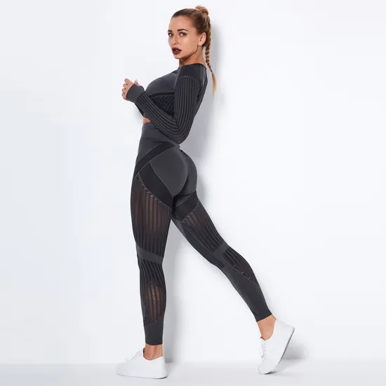 Xsunwing New Ropa Deportiva Mujer Women Sports Gym Wear Workout Tights Crop Top 2 Pieces Long Sleeve Fitness Yoga Set Wysk6301