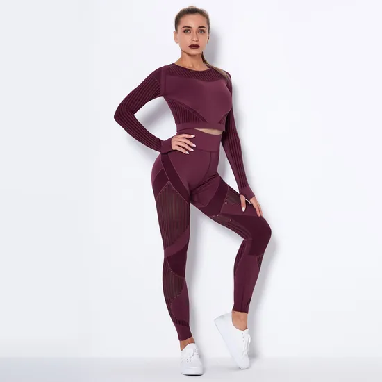 Xsunwing New Ropa Deportiva Mujer Women Sports Gym Wear Workout Tights Crop Top 2 Pieces Long Sleeve Fitness Yoga Set Wysk6301