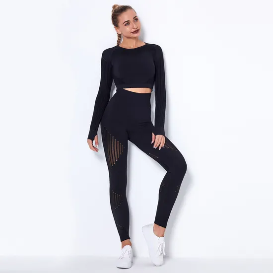 Xsunwing New Ropa Deportiva Mujer Women Sports Gym Wear Workout Tights Crop Top 2 Pieces Long Sleeve Fitness Yoga Set Wysk6301