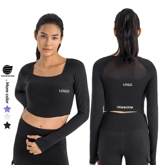 Xsunwing Wholesale Sweat Suits Yoga Clothes Long Sleeved Body-Building Fitness Tops Women Slim Removable Bra Sports Shirt Female Clothes Wdq046