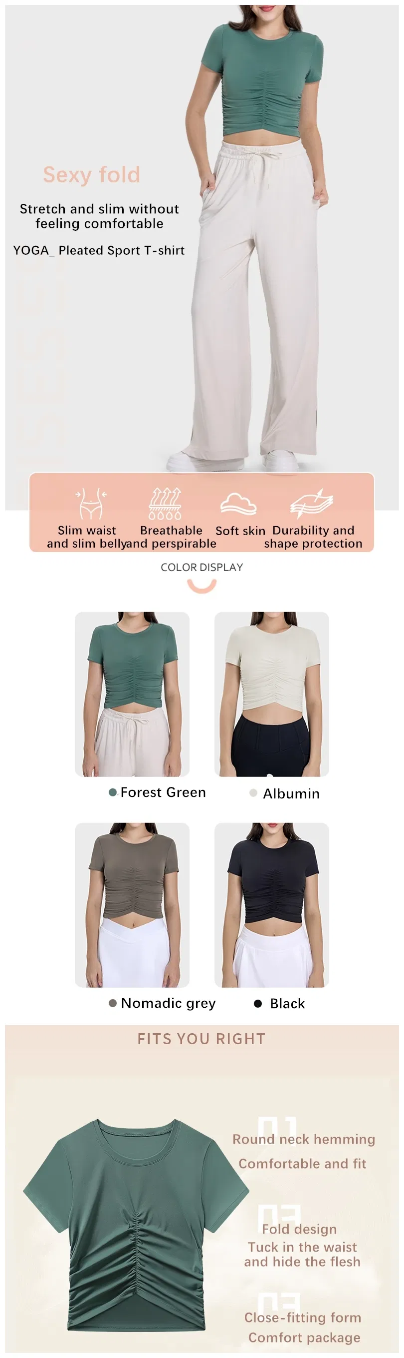 Xsunwing Women Side Waist Fold with Exposed Navel Sportswear Breathable Yoga Crop Tops Gym Fitness Tight Crop Top T Shirt Wdq103