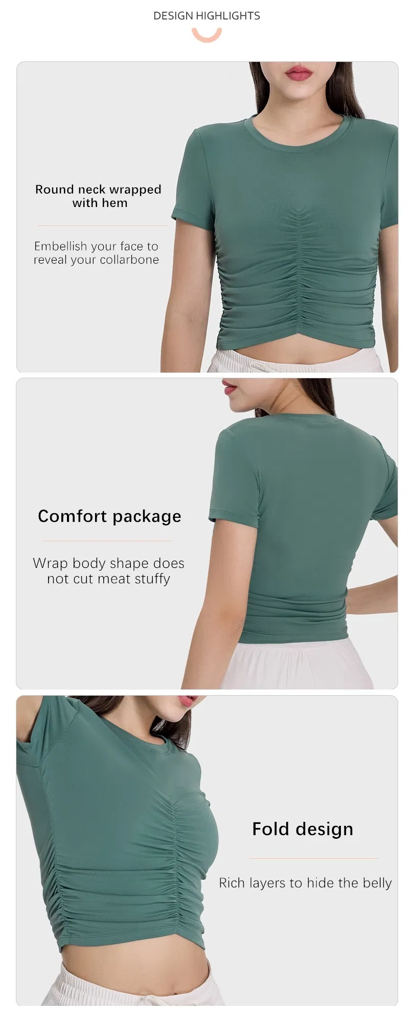 Xsunwing Women Side Waist Fold with Exposed Navel Sportswear Breathable Yoga Crop Tops Gym Fitness Tight Crop Top T Shirt Wdq103