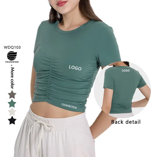 Xsunwing Women Side Waist Fold with Exposed Navel Sportswear Breathable Yoga Crop Tops Gym Fitness Tight Crop Top T Shirt Wdq103