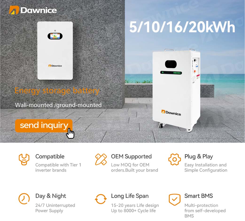 Dawnice 10kwh 15kwh 20kwh Batteries 51.2v 200ah Wall Mounted Home storage batteries for power outages