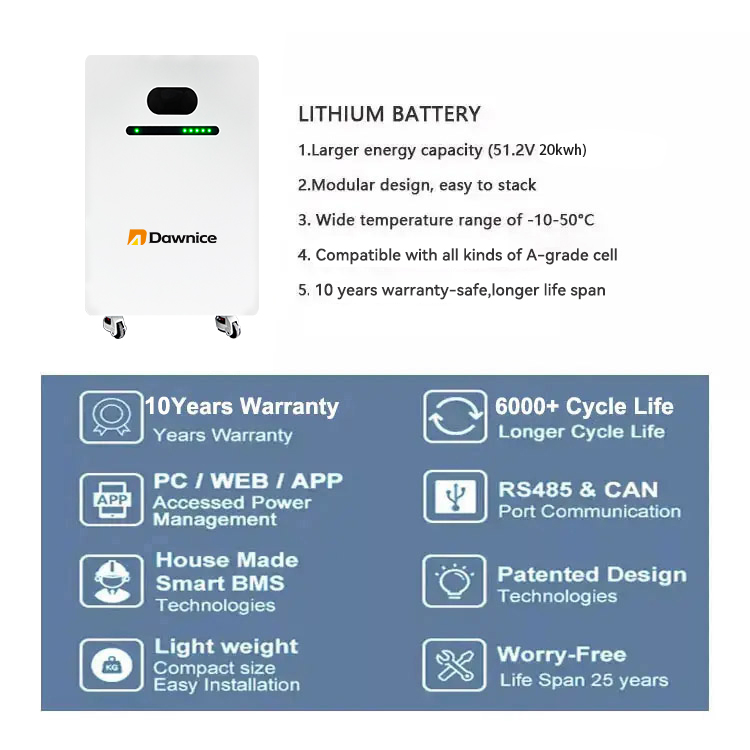 Dawnice 20kwh wall mounted Power wall LiFepo4 Battery 51.2V 100Ah 200Ah for Home Energy Storage Lithium Power Wall Batteries