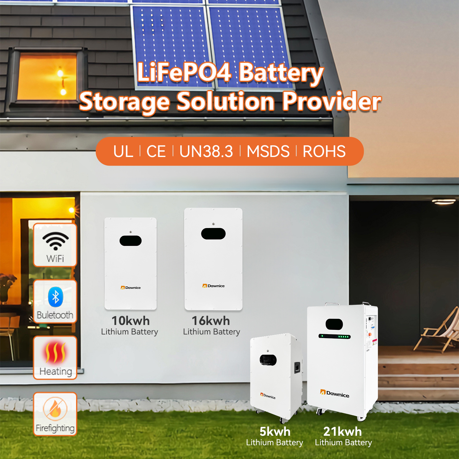 Dawnice Lithium Lifepo4 Solar Power Wall Home Battery 51.2V 200Ah 100Ah 10Kwh 5Kwh Storage Battery For Hybrid Storage System