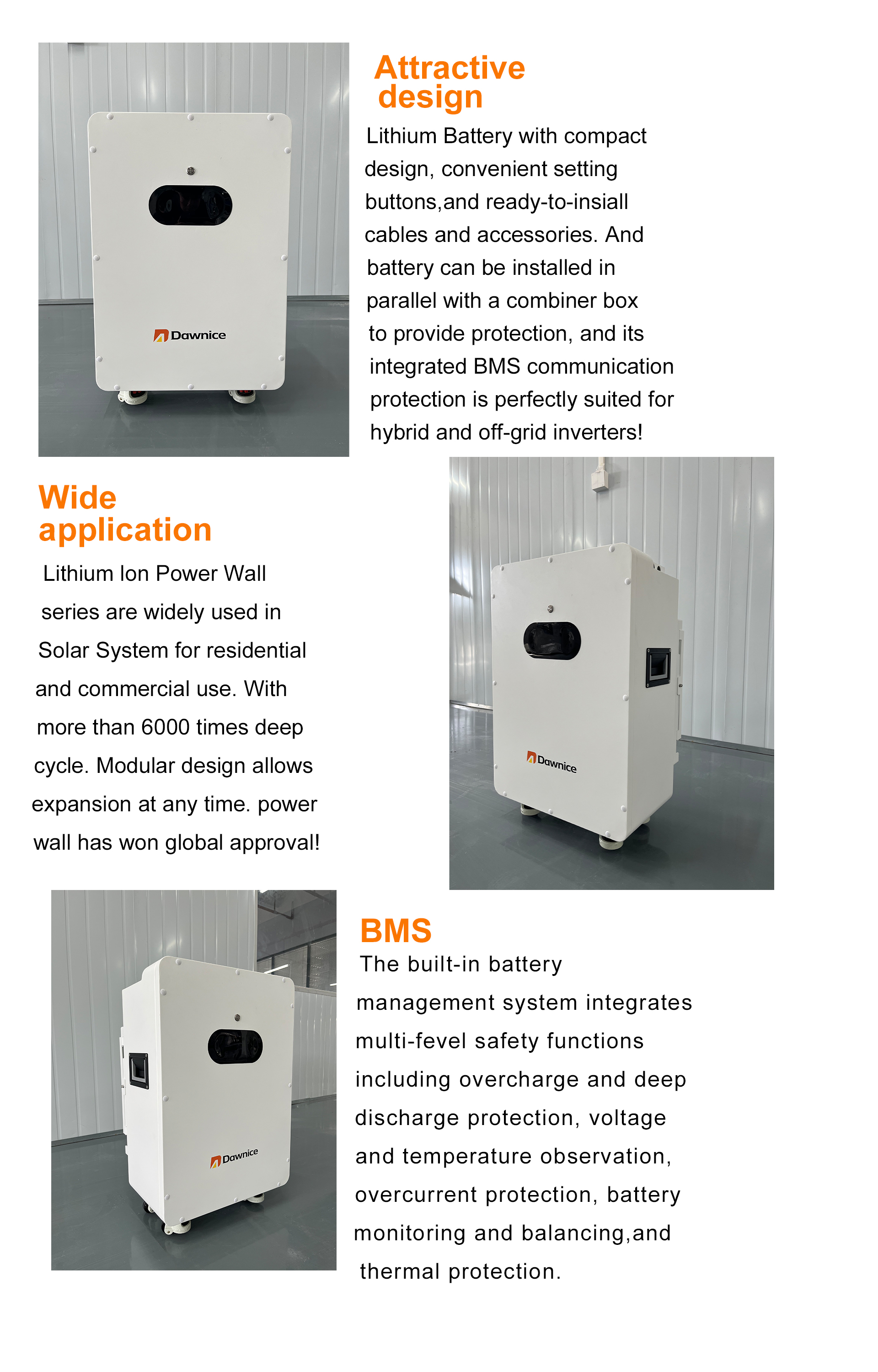 Dawnice Lithium Lifepo4 Solar Power Wall Home Battery 51.2V 200Ah 100Ah 10Kwh 5Kwh Storage Battery For Hybrid Storage System