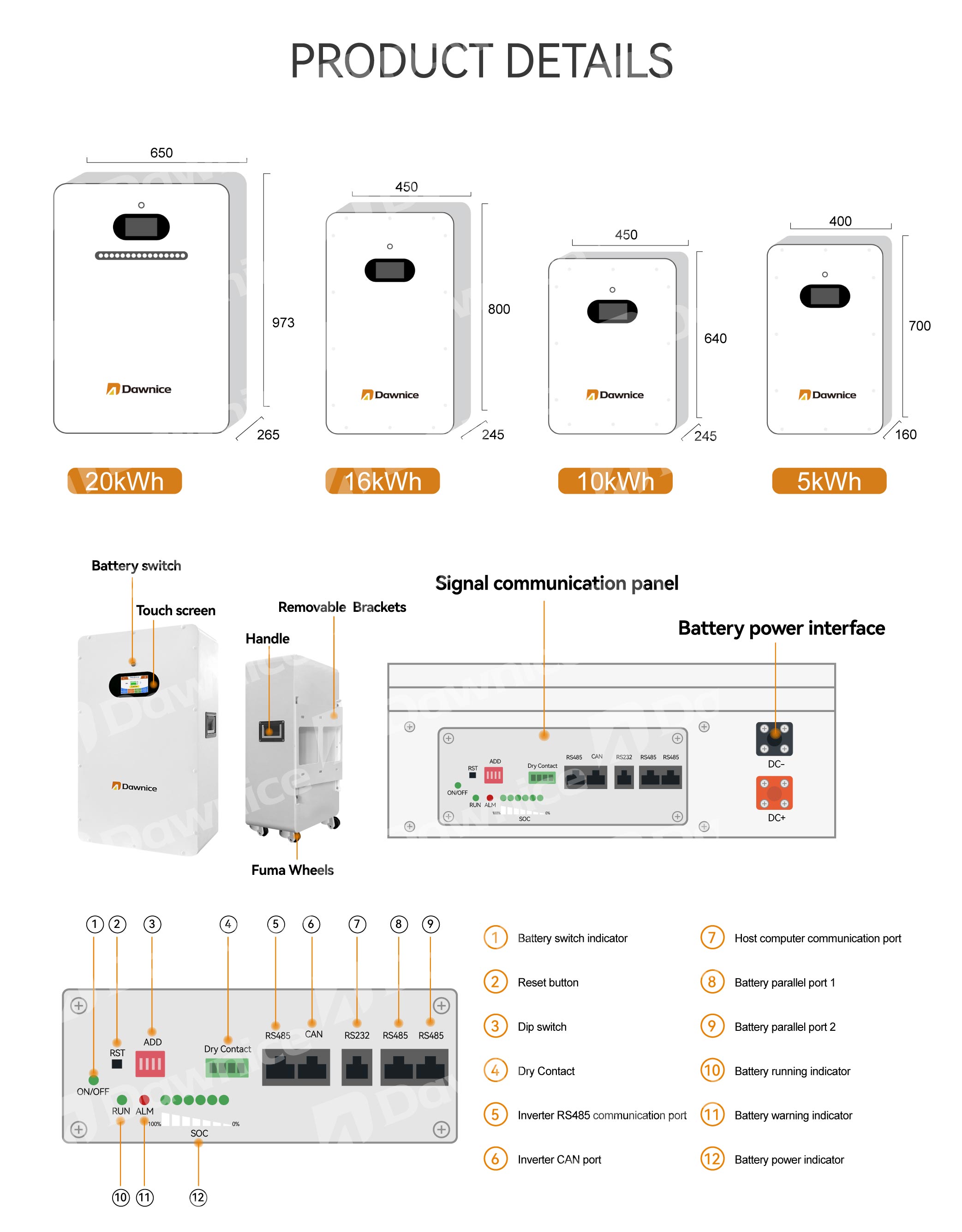Dawnice Lithium Lifepo4 Solar Power Wall Home Battery 51.2V 200Ah 100Ah 10Kwh 5Kwh Storage Battery For Hybrid Storage System