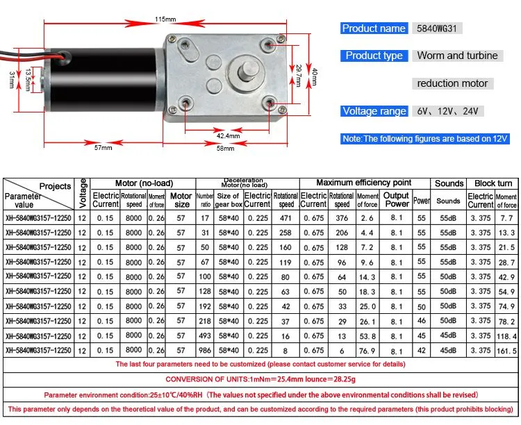 5840wg31 Micro DC Gear Motor 12V 24V 80kg 100kg Brushed DC Worm Gear Tubular Motor with Encoder