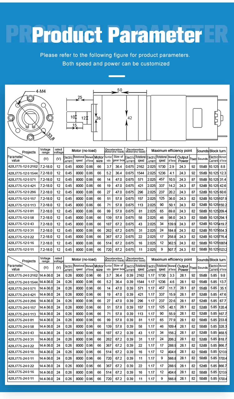 12V 24V 100kg 160kg 42mm Brushed DC Gear Motor 42xj775 Electric DC Planetary Gear Motor with High Torque