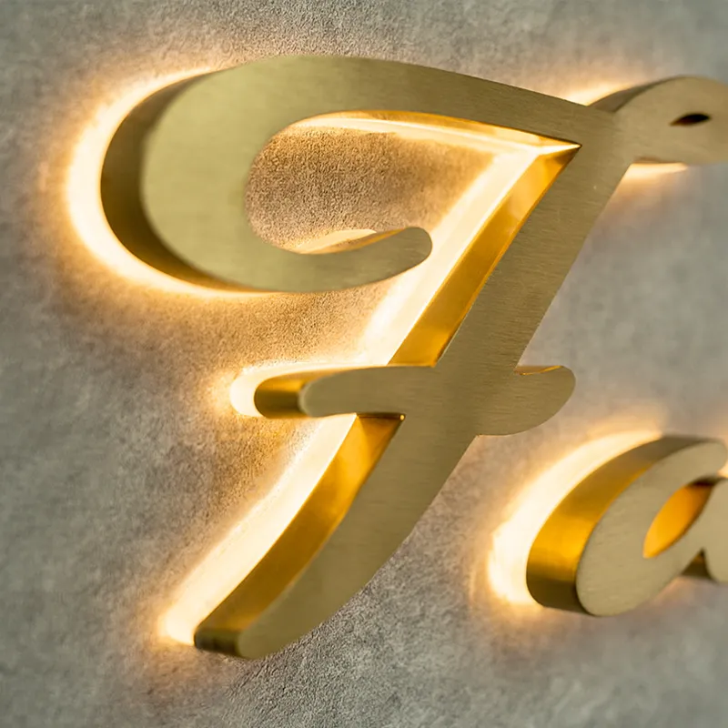 3D Backlit Stainless Steel Channel Letter Signs Gold Illuminated Logo Business Signage